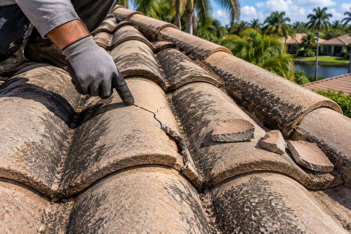 Cracked and chipped concrete roof tile with dark algae streaks