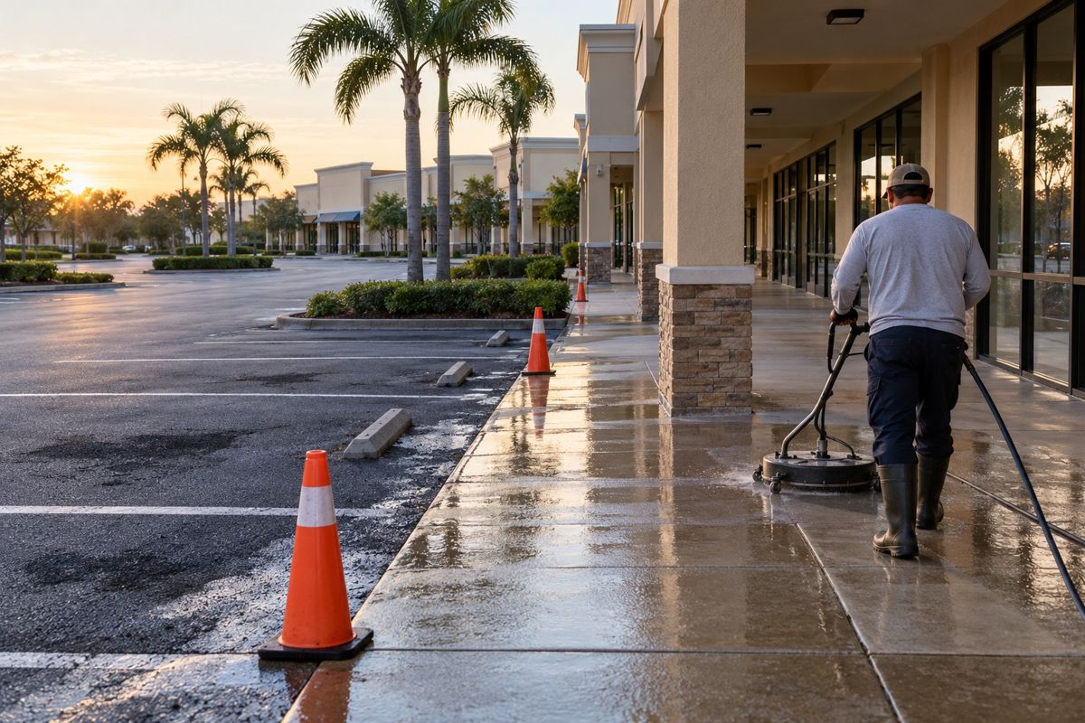 Worker washing a stained plaza walkway before the stores open