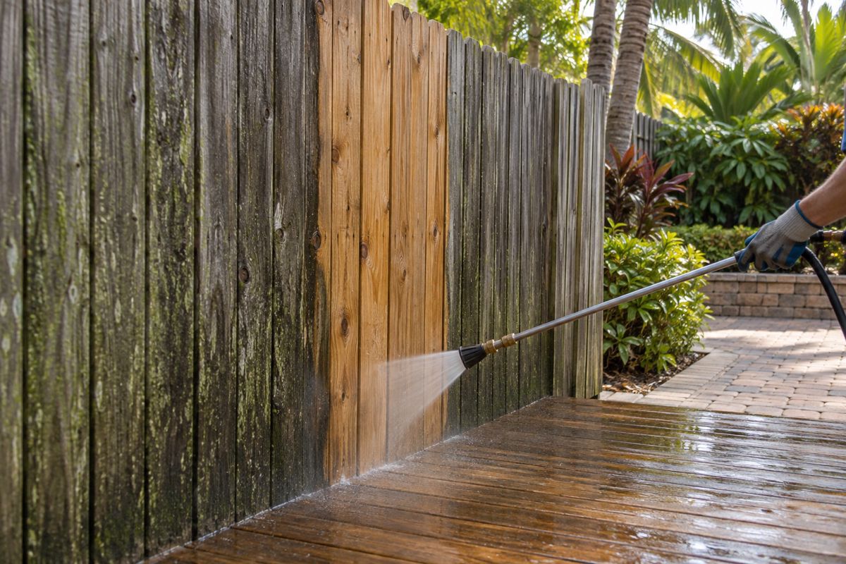 Gray wood fence section washed back to natural color in a backyard