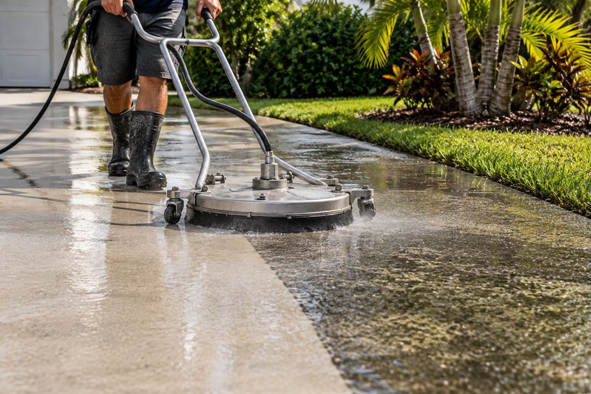 Surface cleaner leaving a bright clean stripe on a mildewed driveway