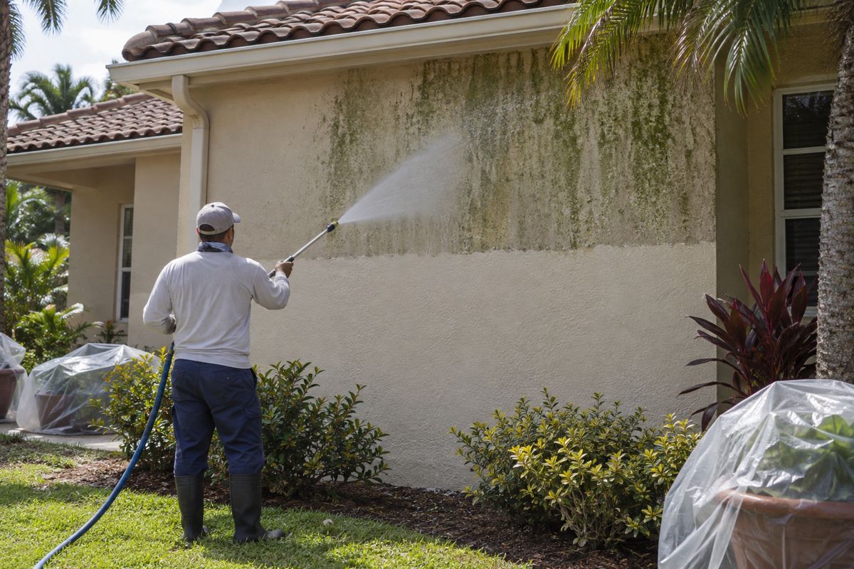 Worker soft washing a mildew-streaked stucco wall on a Florida house