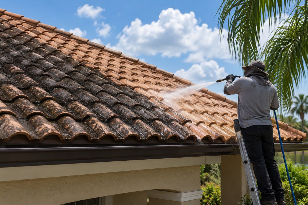 Barrel tile roof with black algae streaks being treated from a ladder